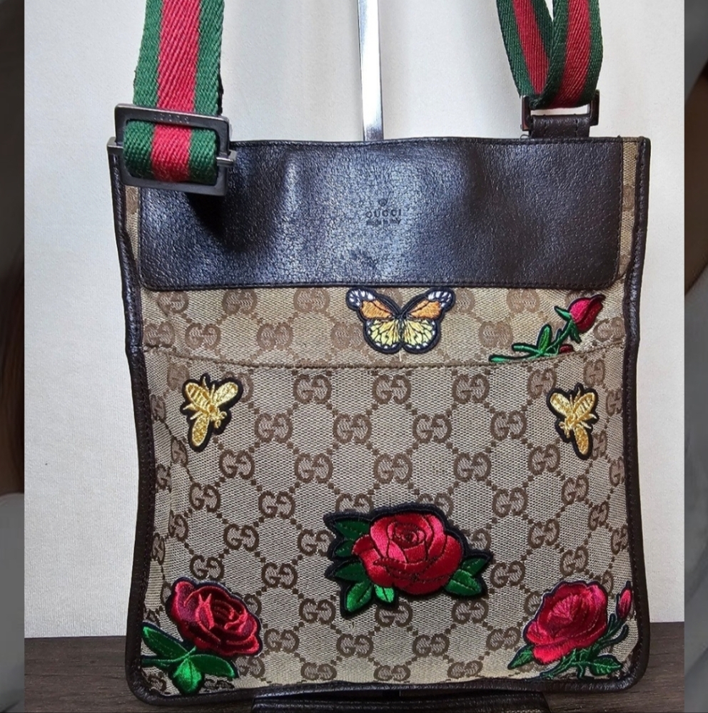 Gucci Beige/Brown Crossbody with Butterfly And Floral Embroidery Patchwork Added